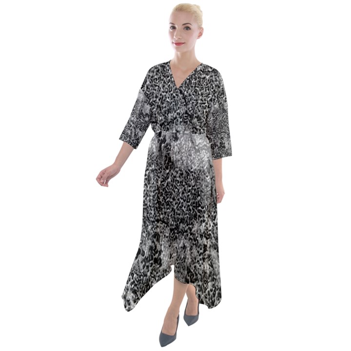 Grey And White Grunge Camouflage Abstract Print Quarter Sleeve Wrap Front Maxi Dress