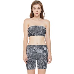 Grey And White Grunge Camouflage Abstract Print Stretch Shorts And Tube Top Set