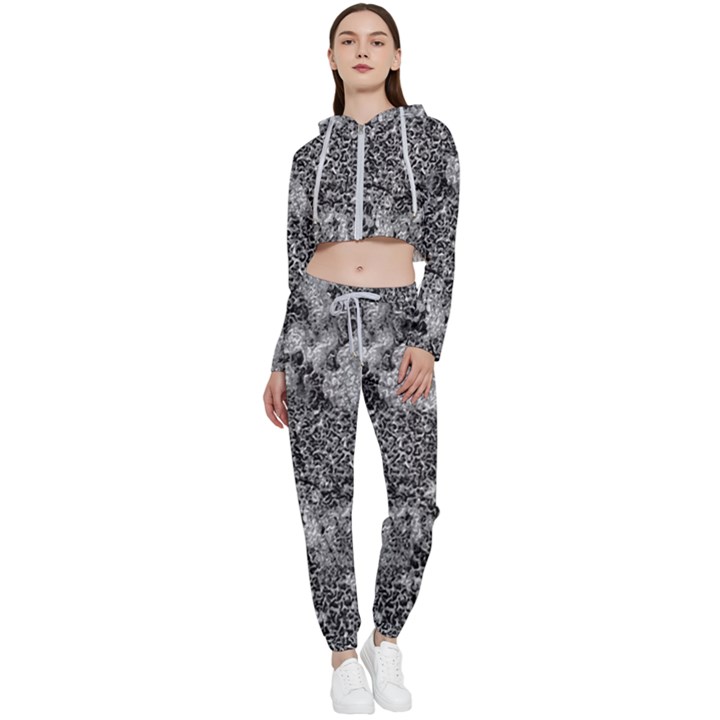 Grey And White Grunge Camouflage Abstract Print Cropped Zip Up Lounge Set