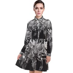 Black And White Lilies Botany Motif Print Long Sleeve Chiffon Shirt Dress by dflcprintsclothing