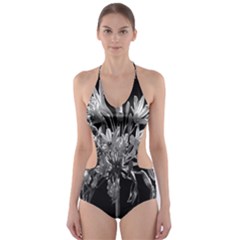 Black And White Lilies Botany Motif Print Cut-out One Piece Swimsuit by dflcprintsclothing