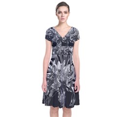 Black And White Lilies Botany Motif Print Short Sleeve Front Wrap Dress