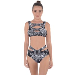 Black And White Lilies Botany Motif Print Bandaged Up Bikini Set 