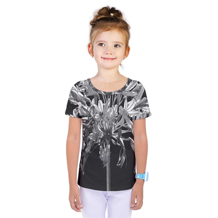 Black And White Lilies Botany Motif Print Kids  One Piece Tee