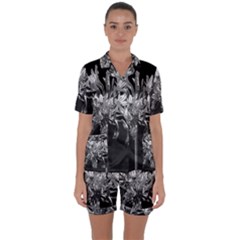 Black And White Lilies Botany Motif Print Satin Short Sleeve Pajamas Set by dflcprintsclothing