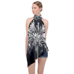 Black And White Lilies Botany Motif Print Halter Asymmetric Satin Top