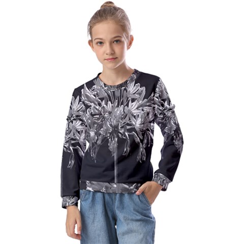 Black And White Lilies Botany Motif Print Kids  Long Sleeve Tee With Frill  by dflcprintsclothing