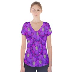 Fantasy Flowers In Paradise Calm Style Short Sleeve Front Detail Top by pepitasart