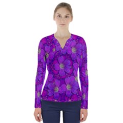 Fantasy Flowers In Paradise Calm Style V-neck Long Sleeve Top by pepitasart