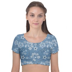 Folk Flowers Art Pattern  Velvet Short Sleeve Crop Top 