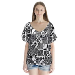 Black And White Geometric Print V-neck Flutter Sleeve Top by dflcprintsclothing