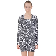 Black And White Geometric Print V-neck Bodycon Long Sleeve Dress by dflcprintsclothing