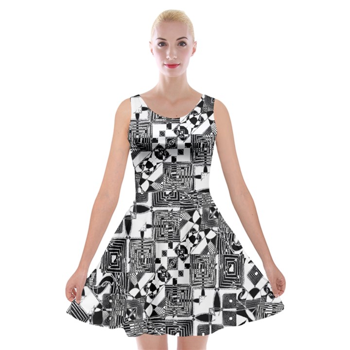 Black And White Geometric Print Velvet Skater Dress