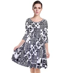 Black And White Geometric Print Quarter Sleeve Waist Band Dress by dflcprintsclothing