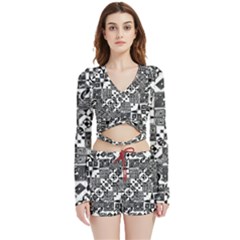 Black And White Geometric Print Velvet Wrap Crop Top And Shorts Set