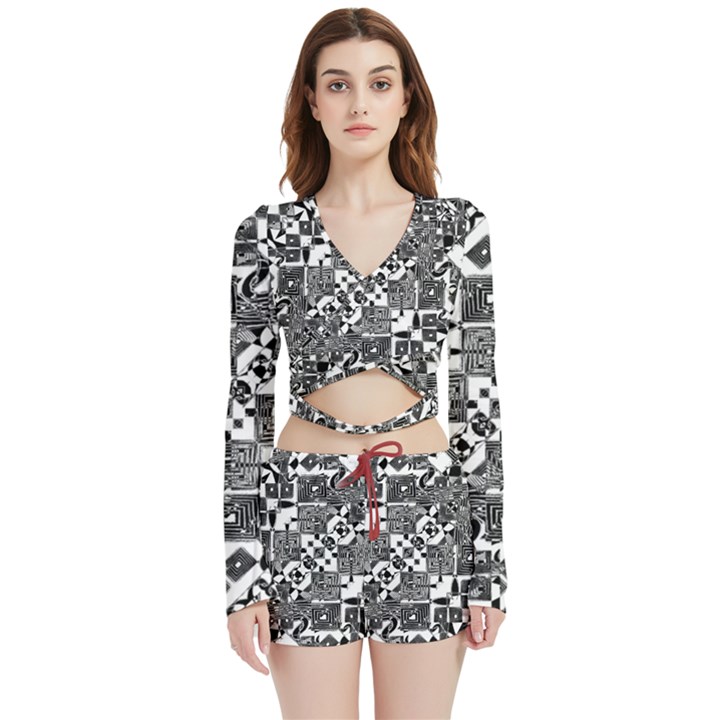 Black And White Geometric Print Velvet Wrap Crop Top and Shorts Set