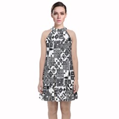 Black And White Geometric Print Velvet Halter Neckline Dress  by dflcprintsclothing