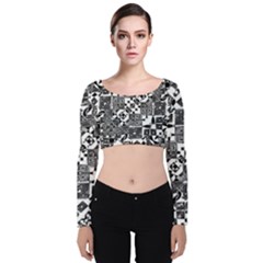 Black And White Geometric Print Velvet Long Sleeve Crop Top by dflcprintsclothing