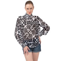 Black And White Geometric Print High Neck Long Sleeve Chiffon Top by dflcprintsclothing