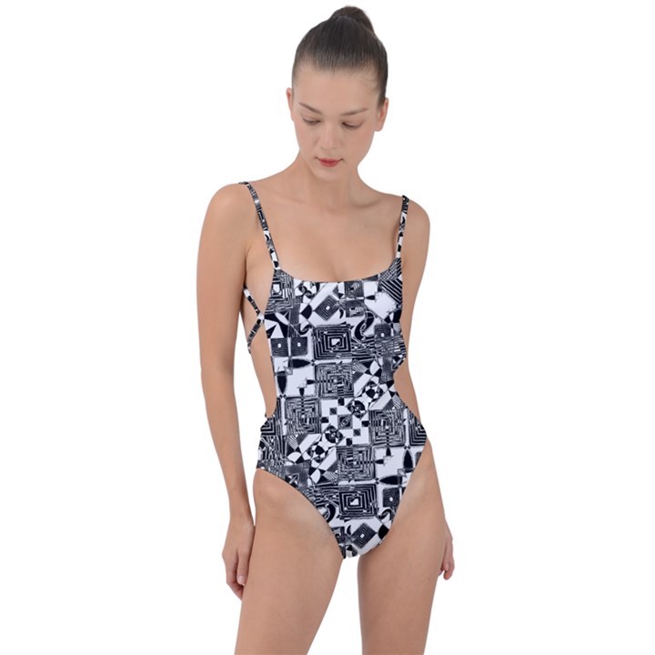 Black And White Geometric Print Tie Strap One Piece Swimsuit