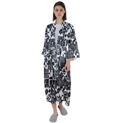 Black And White Geometric Print Maxi Satin Kimono by dflcprintsclothing