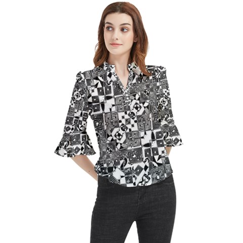 Black And White Geometric Print Loose Horn Sleeve Chiffon Blouse by dflcprintsclothing