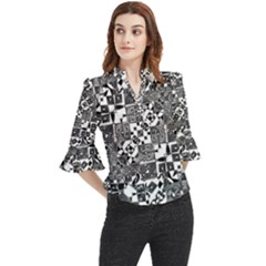 Black And White Geometric Print Loose Horn Sleeve Chiffon Blouse