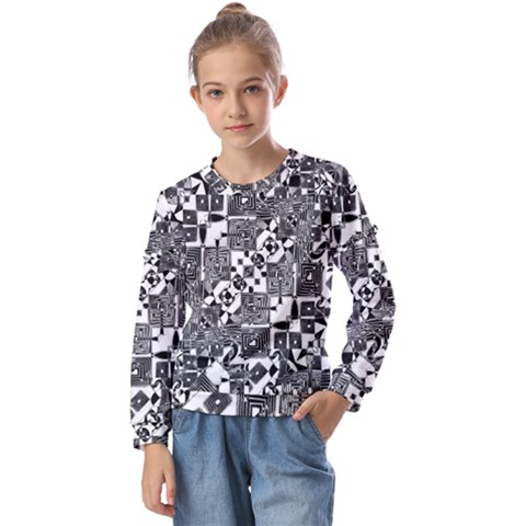 Black And White Geometric Print Kids  Long Sleeve Tee With Frill  by dflcprintsclothing