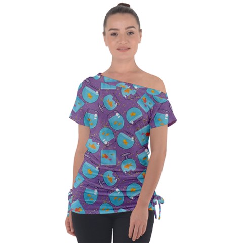 Aquarium With Fish And Sparkles Off Shoulder Tie-up Tee by SychEva