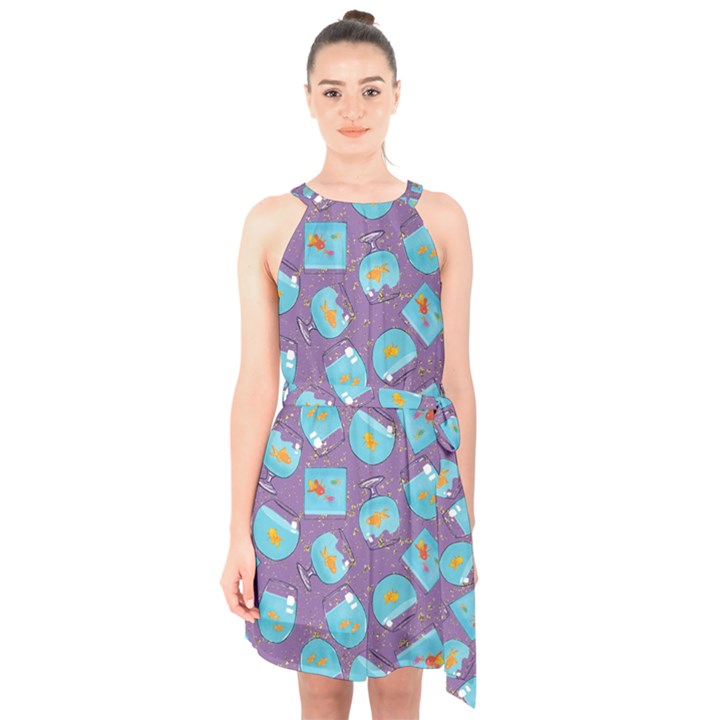 Aquarium With Fish And Sparkles Halter Collar Waist Tie Chiffon Dress