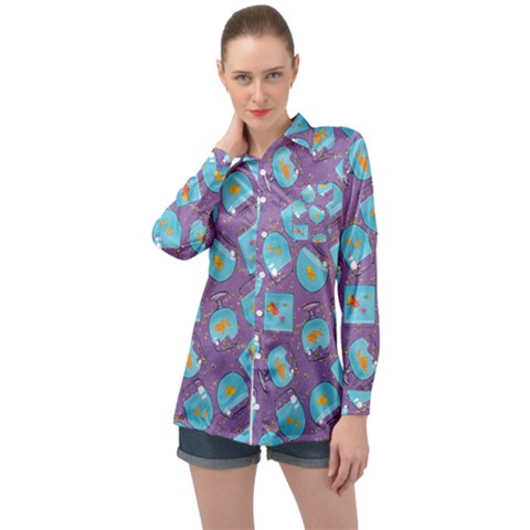 Aquarium With Fish And Sparkles Long Sleeve Satin Shirt by SychEva