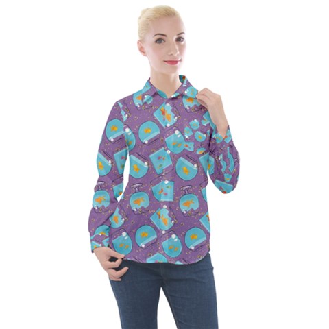 Aquarium With Fish And Sparkles Women s Long Sleeve Pocket Shirt by SychEva