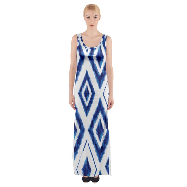 Blue Diamond Pattern Thigh Split Maxi Dress