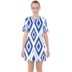 Blue Diamond Pattern Sixties Short Sleeve Mini Dress