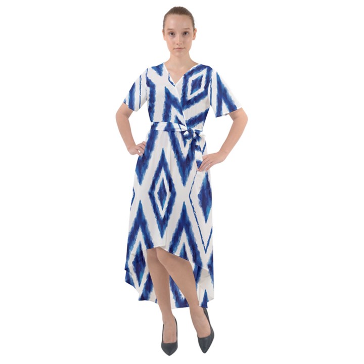 Blue Diamond Pattern Front Wrap High Low Dress