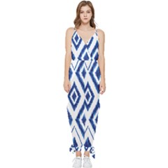 Blue Diamond Pattern Sleeveless Tie Ankle Jumpsuit