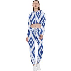 Blue Diamond Pattern Cropped Zip Up Lounge Set