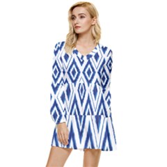 Blue Diamond Pattern Tiered Long Sleeve Mini Dress