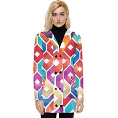 Hexagonal Color Pattern Button Up Hooded Coat 