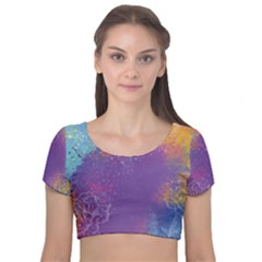 Multicolor Pastel Love Velvet Short Sleeve Crop Top  by designsbymallika