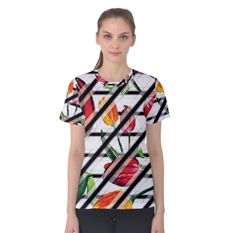 Stripes Tulips Pattern Women s Cotton Tee by designsbymallika