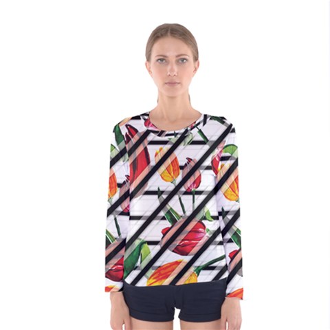 Stripes Tulips Pattern Women s Long Sleeve Tee by designsbymallika