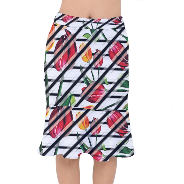 Stripes Tulips Pattern Short Mermaid Skirt