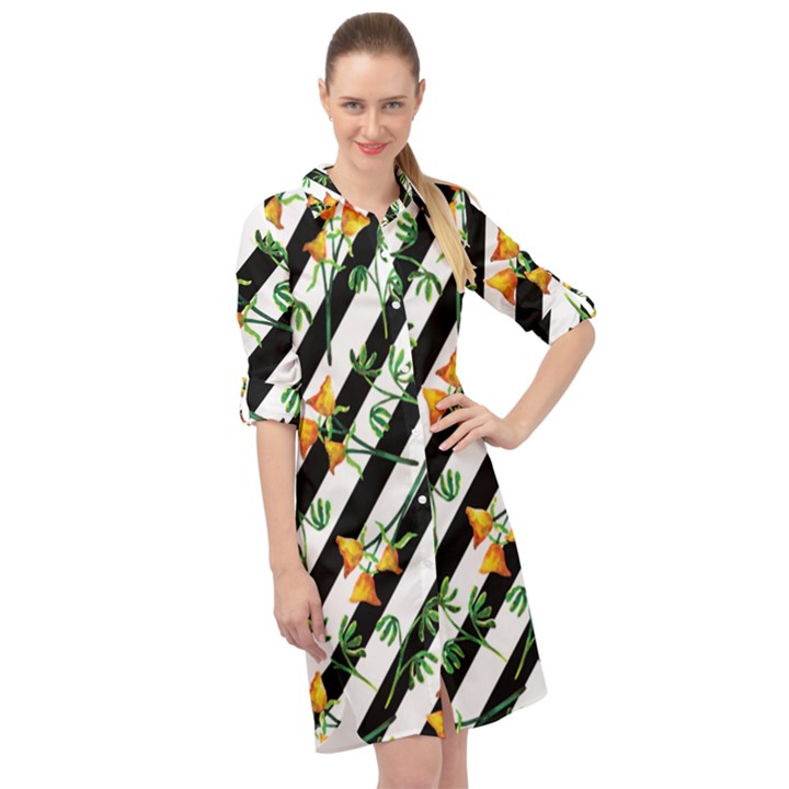 Orange Stripes Love Long Sleeve Mini Shirt Dress