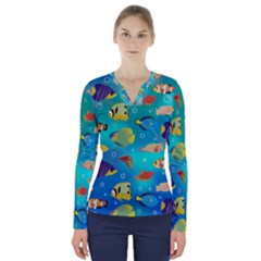 Cheerful And Bright Fish Swim In The Water V-neck Long Sleeve Top by SychEva