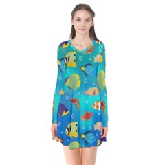 Cheerful And Bright Fish Swim In The Water Long Sleeve V-neck Flare Dress by SychEva