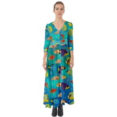 Cheerful And Bright Fish Swim In The Water Button Up Boho Maxi Dress by SychEva