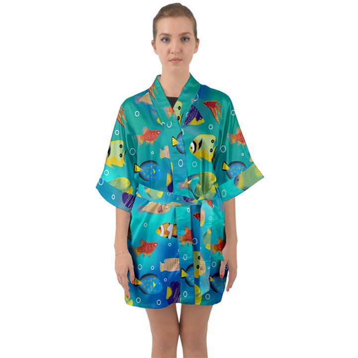 Cheerful And Bright Fish Swim In The Water Half Sleeve Satin Kimono 