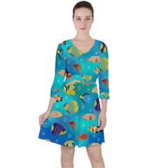 Cheerful And Bright Fish Swim In The Water Quarter Sleeve Ruffle Waist Dress by SychEva