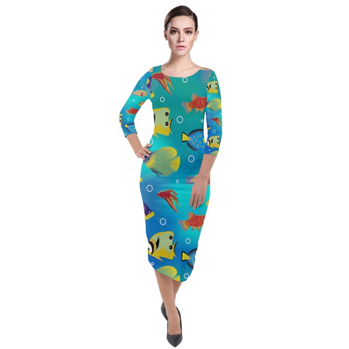 Cheerful And Bright Fish Swim In The Water Quarter Sleeve Midi Velour Bodycon Dress